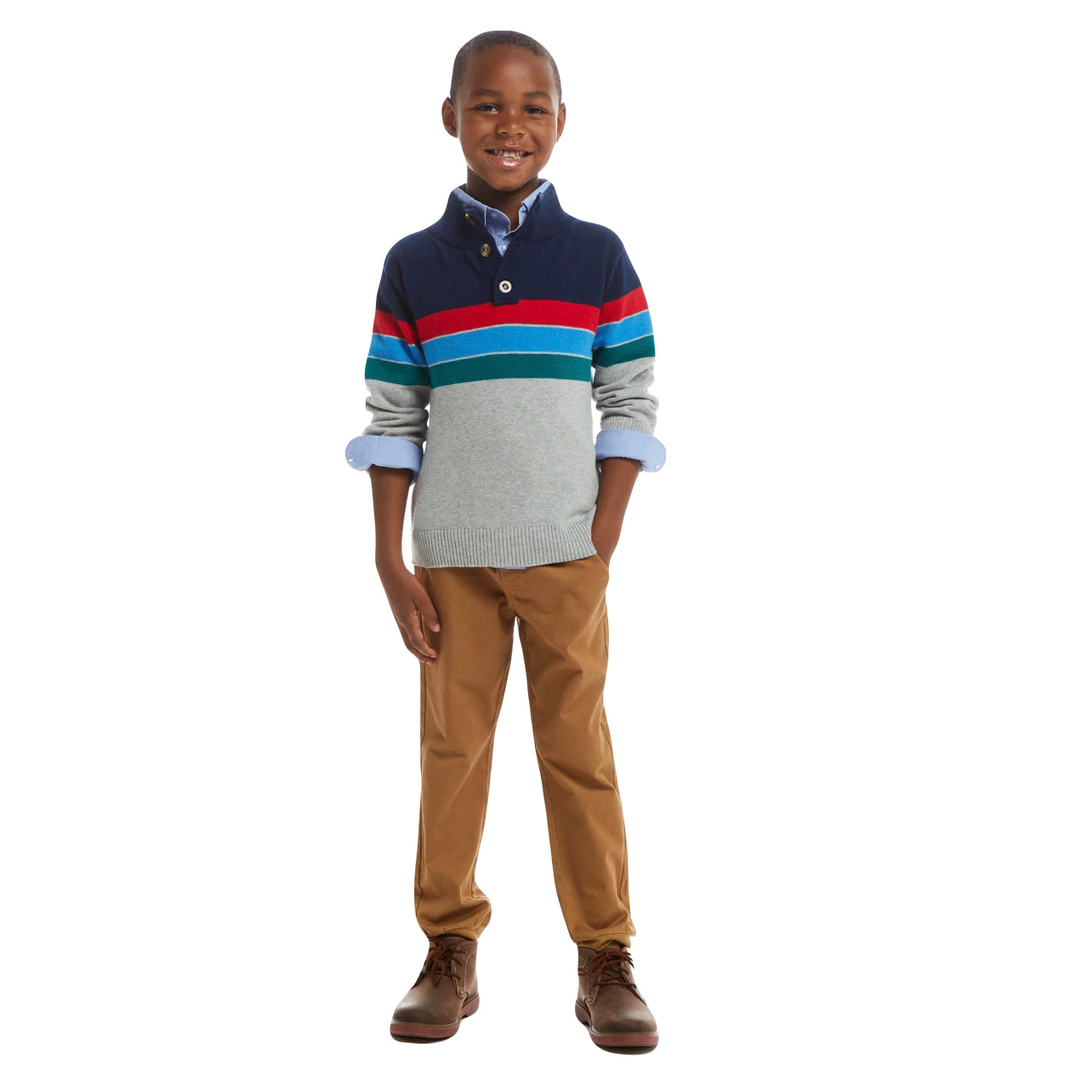 Conjunto Sweater Gris  con Lineas de Colores y Pantalon Caqui