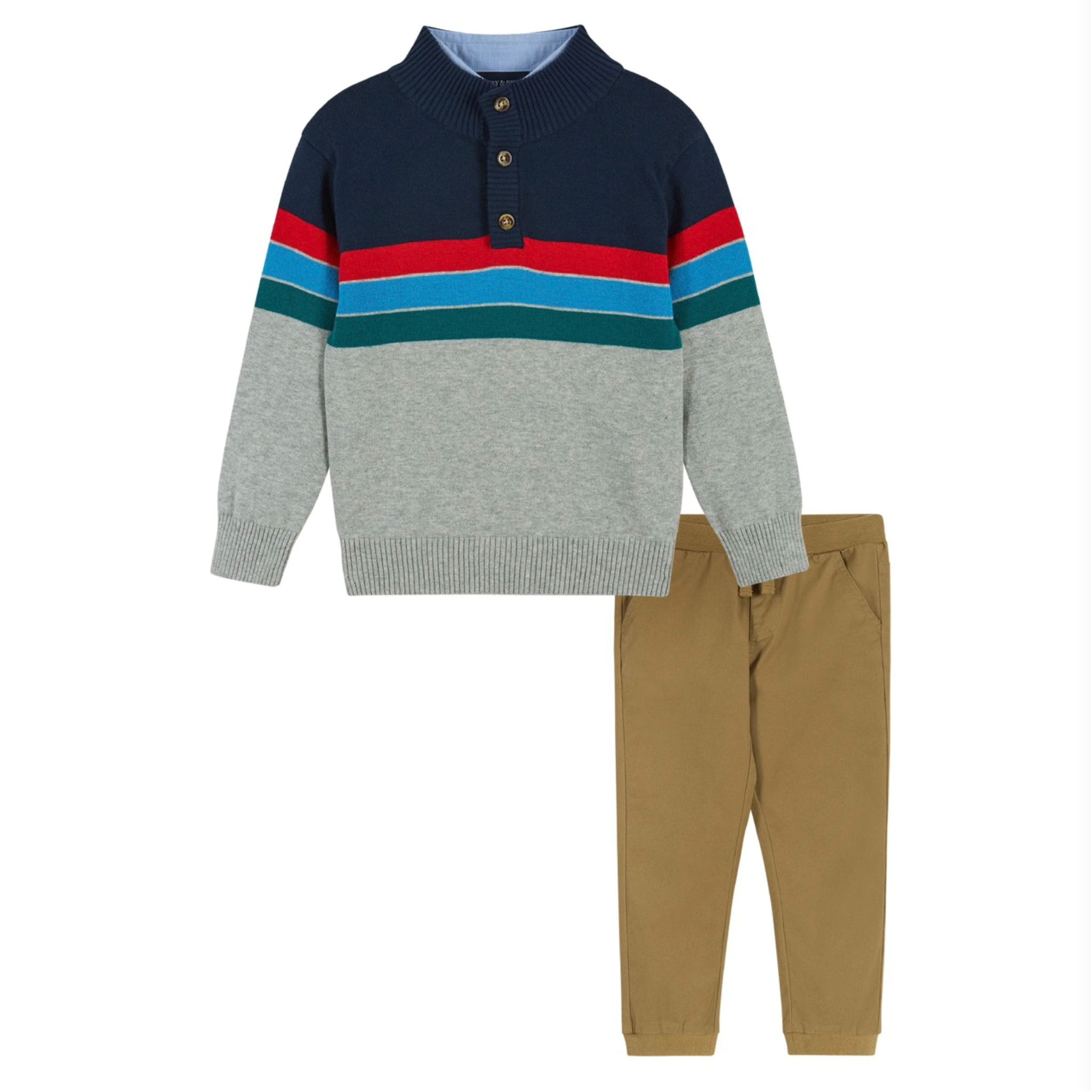 Conjunto Sweater Gris  con Lineas de Colores y Pantalon Caqui