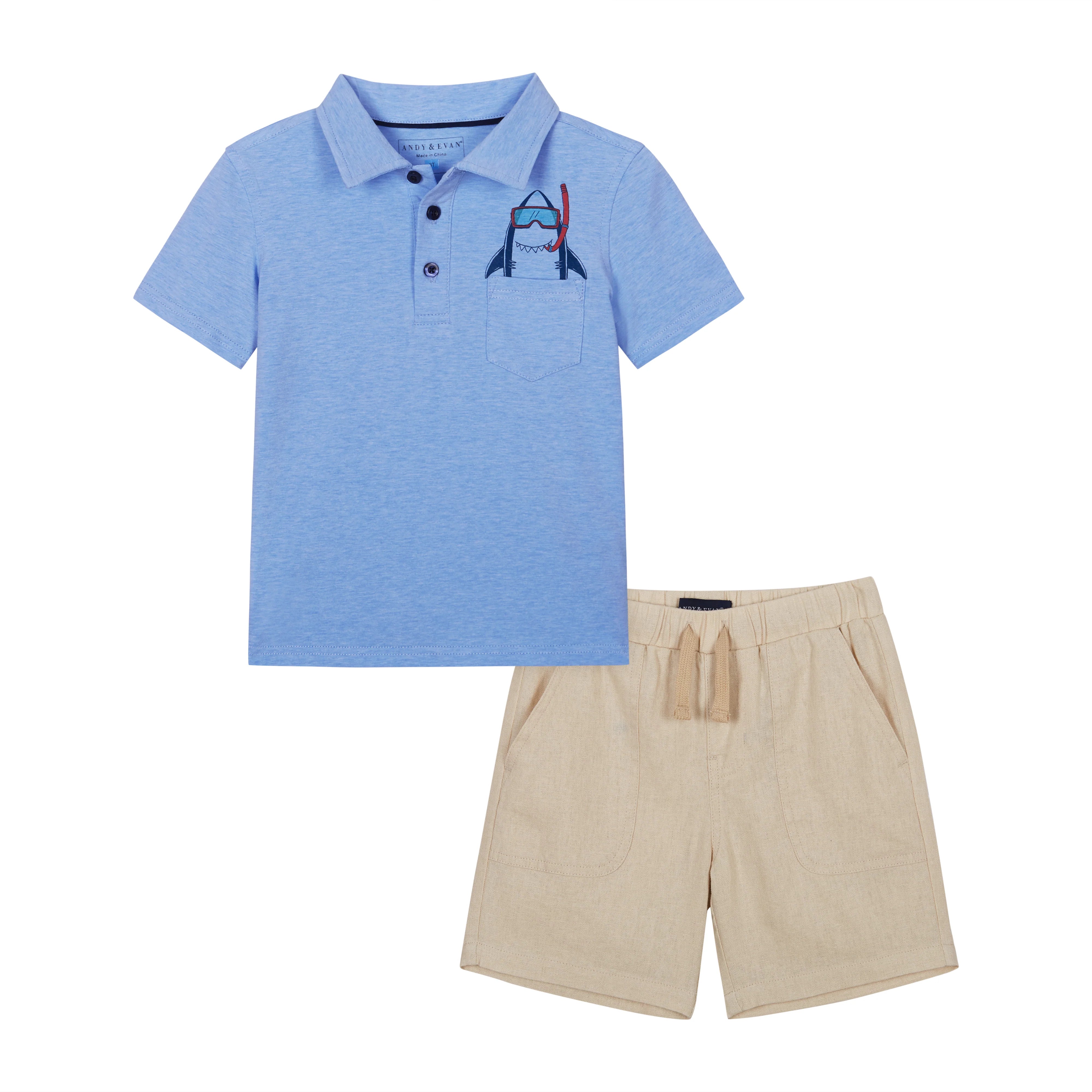 Conjunto Camisa Polo Azul con Tiburón y Short Beige